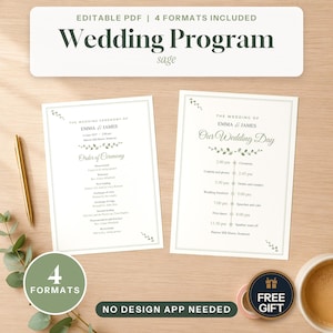 Può includere: Due cartoncini bianchi per il programma di nozze con dettagli botanici verde salvia e testo nero. I cartoncini riportano il testo Wedding Ceremony of Emma & James, Order of Ceremony e Our Wedding Day con una scaletta dalle 14:00 alle 23:30.