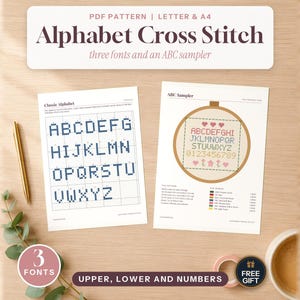 Alphabet Cross Stitch Pattern Bundle, 3 Fonts, Upper and Lowercase Letters, Numbers, ABC Sampler Chart, Free Digital Gift