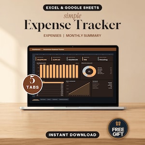 May include: A laptop screen displaying a digital expense tracker for Excel and Google Sheets. The dashboard features dark brown and orange charts, graphs, and financial data. Text includes "simple Expense Tracker", "5 TABS", and "INSTANT DOWNLOAD".