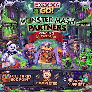 May include: A Monopoly Go Monster Mash Partners promotional graphic featuring characters like the Stay-Puft Marshmallow Man and Slimer. The text reads Coming 21 October, Full Carry 80K Point, Fast Completed, and 24/7 Support on a dark background.