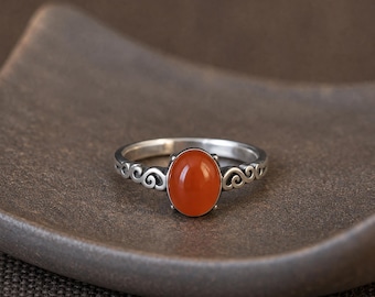Carnelian South Red Agate Ring, Sterling Silver Oval Cabochon, Chinese Cloud Scroll Band, Adjustable