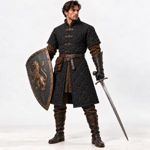 May include: A black quilted gambeson with short sleeves and metal buckles, worn over a brown tunic and trousers. The outfit includes a brown leather belt with a pouch, dark leather gauntlets, tall brown boots, a metal sword, and a shield with a lion.