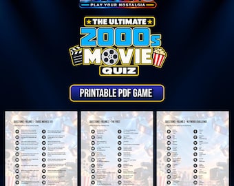 May include: A printable PDF game titled The Ultimate 2000s Movie Quiz by Liauno. The document features three rounds of trivia questions about 2000s cinema, including 101 movies, first release dates, and a keyword challenge with numbered lists.