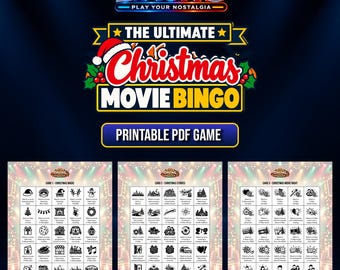 May include: The Ultimate Christmas Movie Bingo printable PDF game by Liauno features three distinct bingo cards with black icons and text on a white background, topped with a red Santa hat and festive holly graphics.