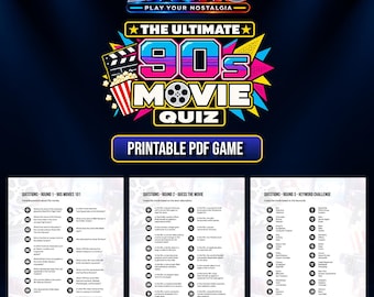 May include: A printable PDF game titled The Ultimate 90s Movie Quiz by Liauno. The graphic features a movie clapperboard, popcorn, and bold text. Below are three pages of trivia questions divided into rounds: 90s Movies 101, Guess the Movie, and Keyword Challenge.