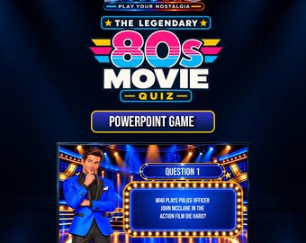 May include: A digital PowerPoint game titled LIAUNO Play Your Nostalgia The Legendary 80s Movie Quiz. The screen displays a game show set with a host in a blue blazer and a question box asking who plays police officer John McClane in Die Hard.