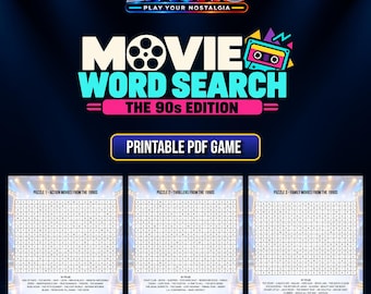 May include: A printable PDF game titled LIAUNO PLAY YOUR NOSTALGIA MOVIE WORD SEARCH THE 90S EDITION. The graphic features a film reel icon and a cassette tape. Below are three distinct word search grids for action, thriller, and family movies.