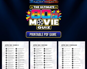 May include: A printable PDF game titled The Ultimate 80s Movie Quiz, featuring three rounds of trivia questions. The header displays the Liauno logo and colourful 80s-style typography. The game sheets include numbered lists for Round 1, Round 2, and Round 3.