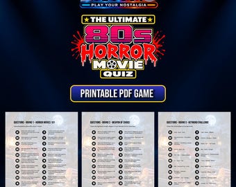May include: A printable PDF game titled The Ultimate 80s Horror Movie Quiz by Liauno. The document features three rounds of trivia questions, including Horror Movies 101, Weapon of Choice, and Keyword Challenge, presented on a dark, themed background.