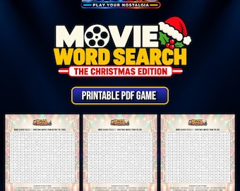 May include: A digital printable PDF game titled Movie Word Search The Christmas Edition featuring three separate puzzles with grids of letters and lists of Christmas movie titles from different decades, decorated with a Santa hat and holly.