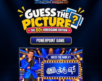 May include: A digital PowerPoint game titled Liauno Guess the Picture: The 80s Videogame Edition. The screen displays a game show host in a blue blazer next to a blue panel featuring icons of a newspaper, a bicycle, and a mailbox.