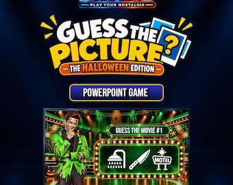 May include: A digital PowerPoint game titled LIAUNO Guess the Picture The Halloween Edition. The screen displays a person in a green suit next to a game board featuring icons of a shower head, a knife, and a motel sign with the text Guess the Movie #1.