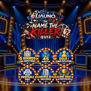 以下が含まれることがあります： Liaunoによる「The Name The Killer Quiz」というタイトルのデジタルゲームグラフィック。ゲームショーのステージ背景に、5ラウンド、50問、45分、ソロまたはマルチプレイヤー、印刷可能なPDF、解答キー、スコアシート、認定証というゲームの詳細を表示する6つの円形アイコンが配置されています。