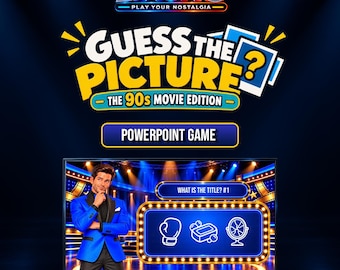 May include: A digital PowerPoint game titled Guess The Picture The 90s Movie Edition by Liauno. The screen displays a game show host in a blue blazer next to a question box containing icons of a boxing glove, soap, and a cracked mirror.