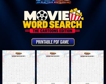 May include: A digital graphic for a Movie Word Search: The Cartoons Edition printable PDF game. The title features a film reel and popcorn bucket icon. Below, three game sheets are displayed, each containing a grid of letters and a list of cartoon titles.
