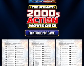 May include: A printable PDF game titled The Ultimate 2000s Action Movie Quiz by Liauno. The document features three rounds of questions about action films, characters, and keywords, presented on white pages with a light background graphic.