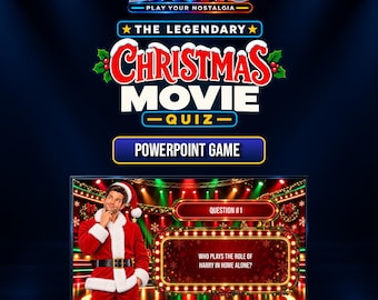 May include: A digital PowerPoint game titled Liauno The Legendary Christmas Movie Quiz. The screen displays a person in a Santa suit and a game slide with the text Question #1 Who plays the role of Harry in Home Alone? framed by lights.