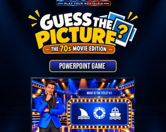 May include: A digital PowerPoint game titled LIAUNO Guess the Picture The 70s Movie Edition. The screen displays a game show host in a blue blazer and a question box with icons of a shark fin, a life preserver, and a boat, asking What is the Title? #1.