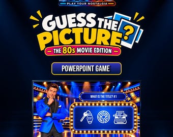 May include: A digital PowerPoint game titled LIAUNO Guess the Picture: The 80s Movie Edition. The screen displays a host in a blue blazer next to a game board featuring three icons: a key with tag 237, a maze, and a typewriter, with the text What is the Title? #1.