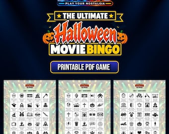 May include: The Ultimate Halloween Movie Bingo printable PDF game features three distinct bingo cards with black and white icons and text prompts related to horror films, all set against a dark blue background with spotlights.
