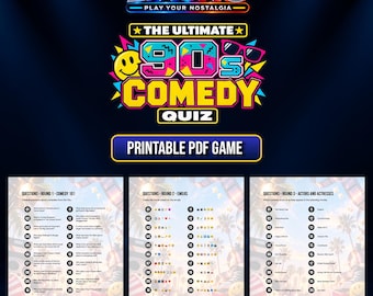 May include: A printable PDF game titled The Ultimate 90s Comedy Quiz by Liauno. The document features three rounds of questions: Comedy 101, Emoji movie guessing, and Actors and Actresses. The design uses bright yellow, pink, and blue colours.