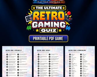 May include: A printable PDF game titled The Ultimate Retro Gaming Quiz by Liauno. The document features three rounds of trivia questions about 80s and 90s video games, including Retro Games 101, Who Am I, and a Keyword Challenge, with a dark blue background.