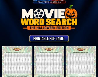 May include: A digital graphic for a Movie Word Search Halloween Edition printable PDF game. The title features a film reel icon and a jack-o'-lantern. Below, three distinct word search puzzle grids are displayed, each containing lists of horror movie titles, weapons, and killers to find.
