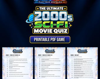 May include: A digital printable PDF game titled The Ultimate 2000s Sci-Fi Movie Quiz by Liauno. The graphic features a blue planet icon, bold white and yellow text, and three pages of trivia questions about science fiction films.