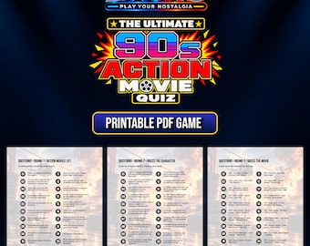 May include: A printable PDF game titled The Ultimate 90s Action Movie Quiz by Liauno. The document features three rounds of questions: Action Movies 101, Guess the Character, and Guess the Movie, presented on three separate pages with numbered lists.