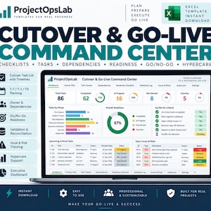 May include: A digital laptop screen displaying the ProjectOpsLab Cutover & Go-Live Command Center Excel template. The dashboard features task metrics, phase charts, overall readiness percentages, and tables for critical tasks and open issues.
