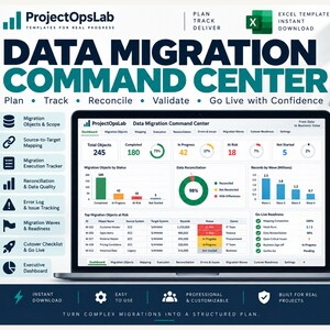 May include: A digital dashboard titled Data Migration Command Center displayed on a laptop screen, featuring charts, status indicators, and a sidebar listing migration tasks like mapping, execution, and reconciliation for project management.
