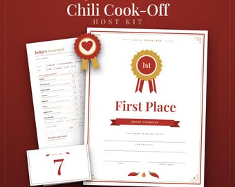 May include: A Chili Cook-Off Host Kit featuring a Judge's Scorecard, a First Place Grand Champion award certificate with a gold ribbon graphic, and a small card labeled Chili No. 7. The design uses a red and white color scheme with chili pepper icons.