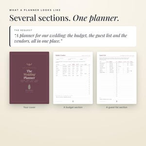 May include: A dark maroon wedding planner with a pinecone icon and white text on the cover. The planner includes a budget tracker section with columns for expenses and a guest list section with rows for names, addresses, and RSVP status tracking.