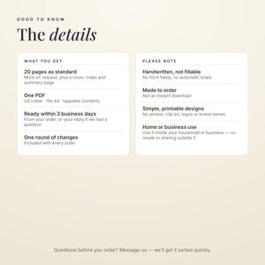 Może przedstawiać: Grafika informacyjna zatytułowana Good to Know The details, zawierająca dwa białe pola. Lewe pole wymienia 20 stron, jeden plik PDF w formacie US Letter, 3 dni robocze na realizację oraz jedną rundę poprawek. Prawe pole zawiera informacje o ręcznym wykonaniu, zam&oacute;wieniu, prostych projektach do druku oraz użytku domowym lub firmowym.