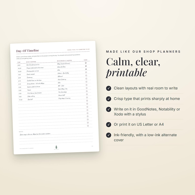 May include: A white Day-Of Timeline planner sheet with black text and a table for scheduling wedding events. The text reads Made like our shop planners, Calm, clear, printable, and lists features including clean layouts and digital compatibility.