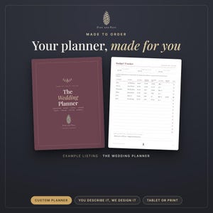 May include: A dark maroon wedding planner book with white text and a pinecone logo, displayed next to an open budget tracker page with columns for expenses. The text reads Pine and Post, Made to Order, Your planner, made for you, and The Wedding Planner.
