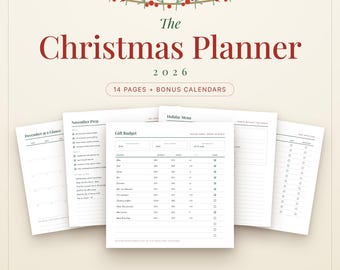 May include: A digital Christmas planner for 2026 featuring 14 pages and bonus calendars. The document includes sections for gift budgets, holiday menus, and prep lists with text in red and dark green on a cream background.