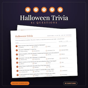 May include: A Halloween Trivia game sheet featuring 65 questions. The white paper displays multiple-choice questions numbered 1 through 8, including topics like Celtic festivals, jack-o'-lantern origins, and Day of the Dead traditions.