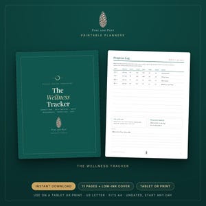 Könnte beinhalten: Ein dunkelgrüner Wellness-Planer mit dem weißen Titel The Wellness Tracker auf dem Einband und einer passenden Fortschrittsprotokoll-Seite. Das Set enthält 11 Seiten mit einem tintensparenden Design, geeignet für Tablets oder den A4-Druck.