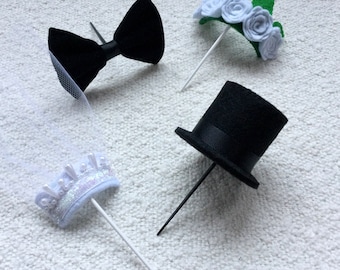 Adorno para tarta de boda x1 velo o sombrero de copa o pajarita o corona de flores. Múltiples juegos disponibles.