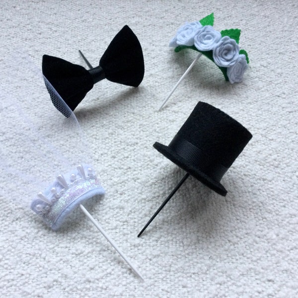 Wedding cake topper x1 veil or top hat or bow tie or flower crown. Multiple sets available.