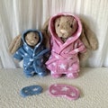 Slippers, sleep mask or dressing gown to fit a little (small) 18cm or a medium 30cm Jellycat Bashful Bunny soft toy. Available as a set.