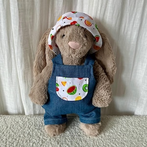Denim dungarees-style playsuit and/or bucket hat fit a tiny, medium or large Jellycat Bashful bunny. Range of patterns.