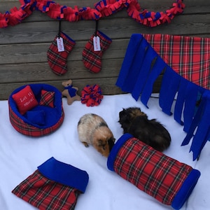 Christmas tartan pet accessories & decorations for guinea pigs, degus, chinchillas, hedgehogs, sugar gliders  -range of fleece colours