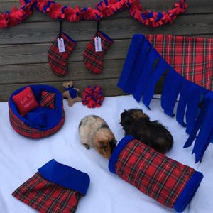 May include: Two guinea pigs exploring a red and blue tartan play tunnel, a red and blue tartan bed with a pillow that says "Let it snow!" and a red and blue tartan stuffed bear. There are also two red and blue tartan stockings with the names "Trinity" and "Biscuit" on them.