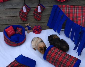 Christmas tartan pet accessories & decorations for guinea pigs, degus, chinchillas, hedgehogs, sugar gliders  -range of fleece colours