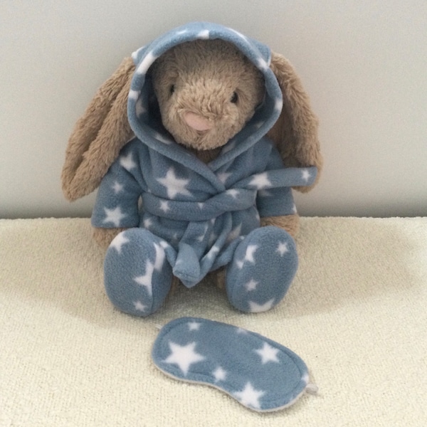 Slippers, eye mask or dressing gown to fit a Jellycat medium 30cm Bashful Bunny soft toy. Available as a set. Eye mask can be personalised