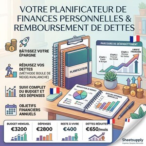 May include: A personal finance and debt repayment planner featuring a notebook labeled PLANIFICATEUR, a budget tracker with a pie chart and bar graph, stacks of gold coins, a small succulent, and text detailing financial goals and monthly budget data.