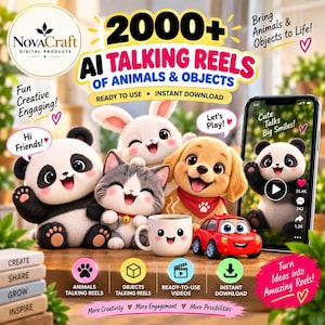 May include: A digital product advertisement featuring a panda, a rabbit, a cat, a dog, and a red car. Text includes 2000+ AI TALKING REELS OF ANIMALS & OBJECTS, NOVA CRAFT, and various labels like READY TO USE, INSTANT DOWNLOAD, CREATE, SHARE, GROW, INSPIRE.