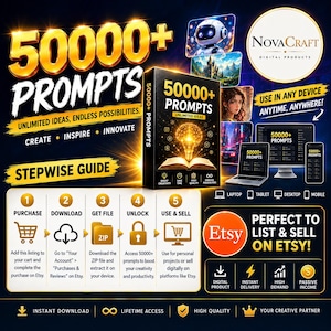 May include: A digital product bundle featuring 50000+ prompts with a central box graphic showing a glowing lightbulb over an open book. The layout includes a five-step guide, device icons, and text detailing instant download and usage on Etsy.
